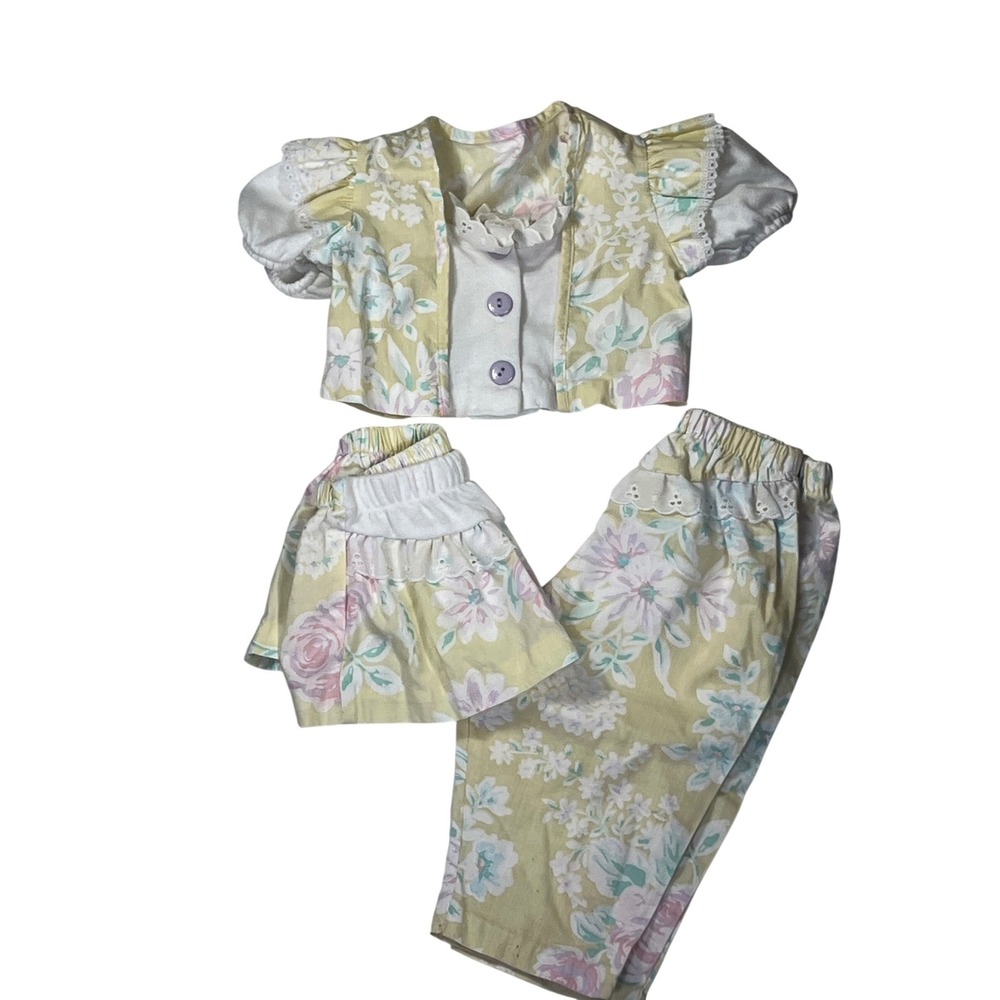 Vintage Evy Kids Floral 3 Piece Set Top Pants Skirt Pastel Yellow Pink Lace 6-9